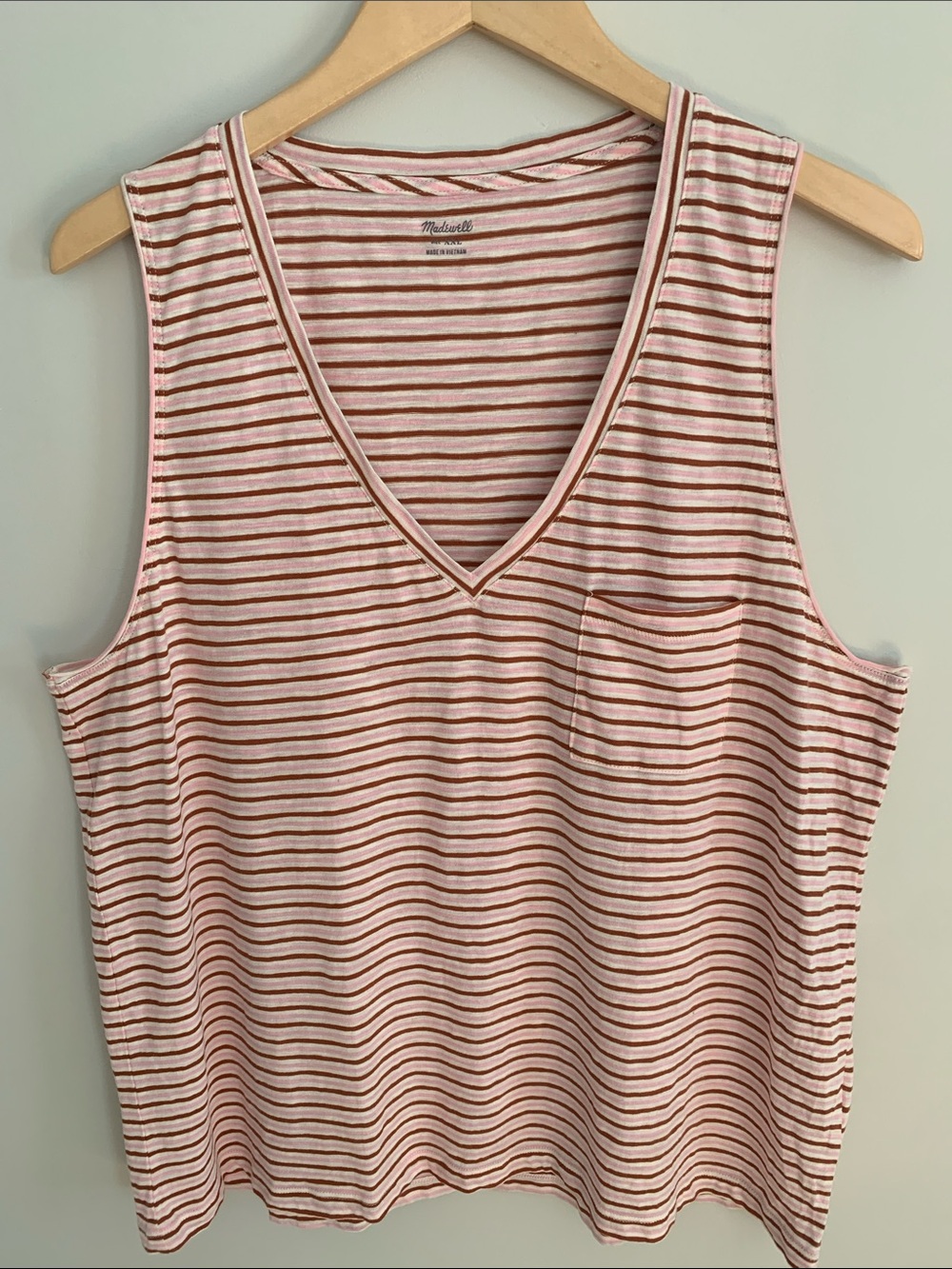Madewell Whisper Cotton Striped V-Neck Pocket Tank Top Pink Size XXL